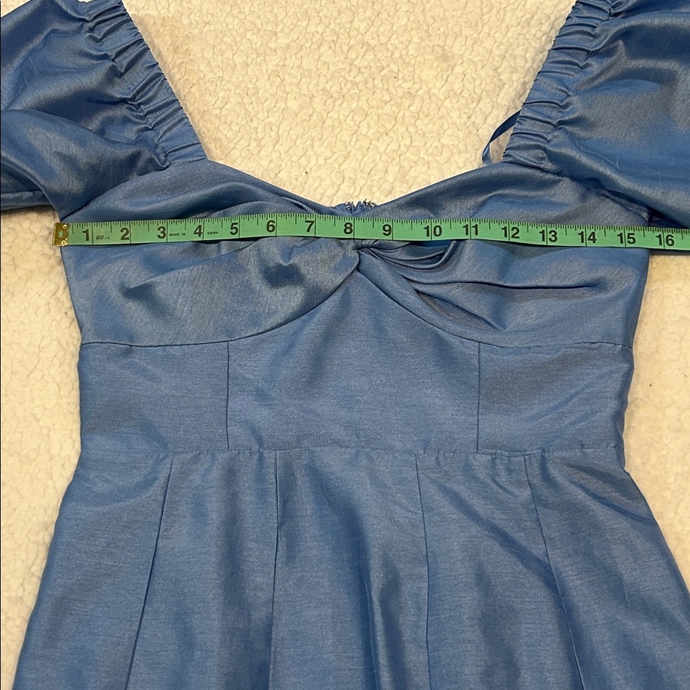 Anthropologie Hutch Twist Front Dress XS Puff Sleeve Ruffle Hem Sky Blue Midi - Picture 14 of 17